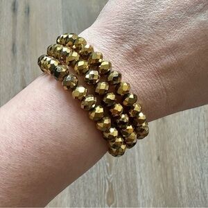 3pc Sparkly Antique Gold Beaded Stretch Bracelets Crystal Faceted Rondelle Beads